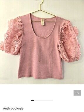 Anthropologie Dolan Left Coast Collection Crop Rib Puff 3D Lace Short Sleeve Top